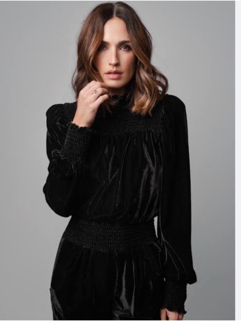 NWT FRAME Silk Blend Velvet Long Sleeve Shirred Midi Dress Black XL